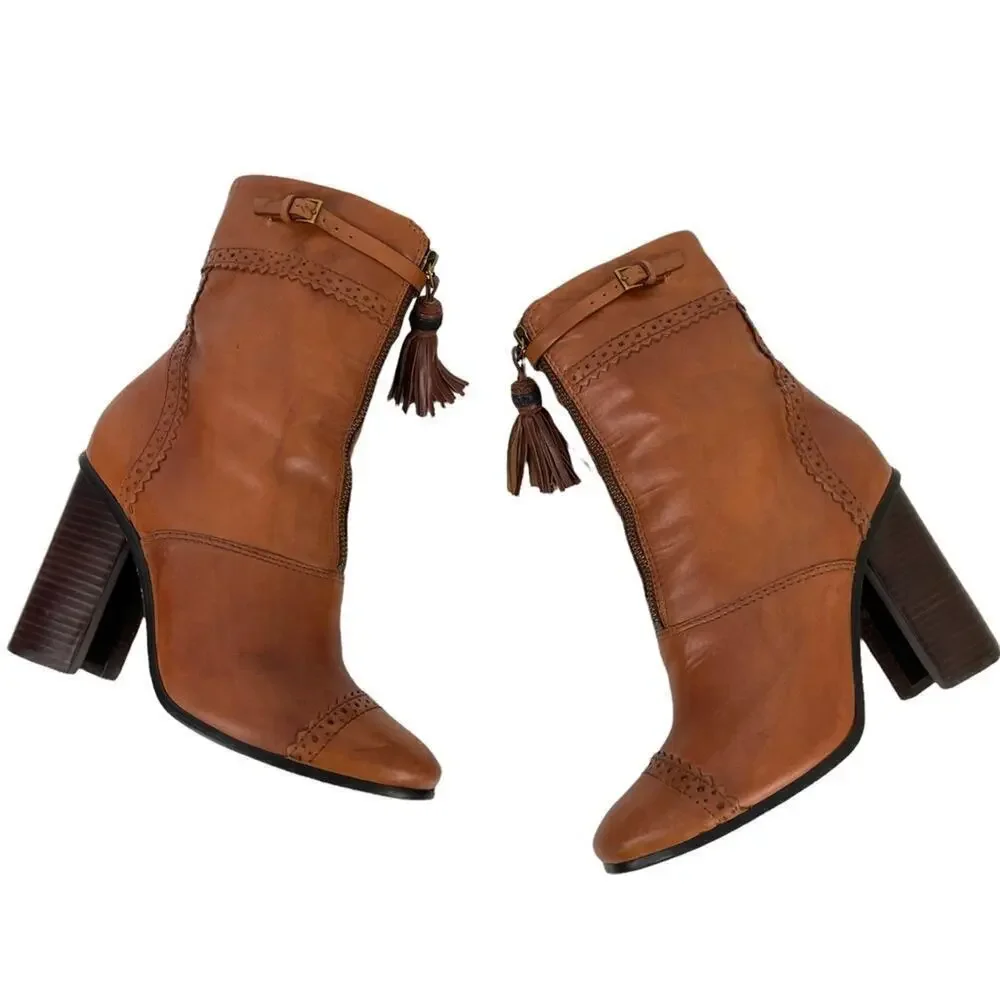 TORY BURCH Womens Size 8 Huxley Brown Leather Ankle Boots Tassel Zipper Shoes
